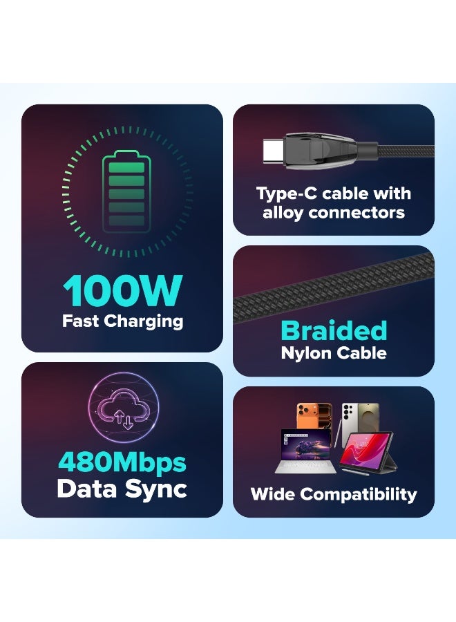 Altec Lansing USB-C Braided Cable 1.2M, 100W Fast Charging, Durable USB C Cable Compatible with Samsung Galaxy, iPhone 15/16/17 Series, iPad Pro, MacBook, Black - Image 2
